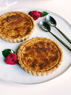 Vegan gluten free refined sugar free creme brulee tarts at MYLK LAB by Genki in Dubai