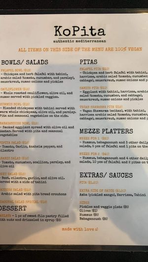 Vegan menu  at KoPita in Knoxville