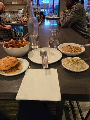 Babaganoush, pita, zatar chips & rice with lentils at KoPita in Knoxville