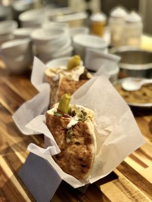 Eggplant pita with falafel pita in the background. The falafel is out of this world! at KoPita in Knoxville