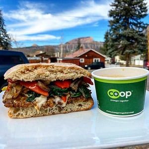 Vegan French Dip special with house-made tempeh and vegan cheese at Durango Natural Foods in Durango