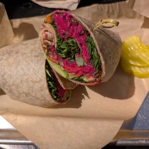I got the beet hummus wrap, sub avocado for feta at Mon Vert Cafe in Woodstock