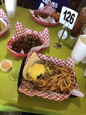 1/2 portion vegan philly with jalapeños and a side of okra  at Fat Boy's Roadside Eats in Ooltewah