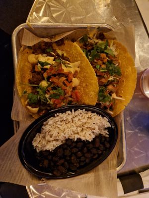Tacos with impossible meat, beans and rice as a side at Treehouse Taqueria in Ogunquit
