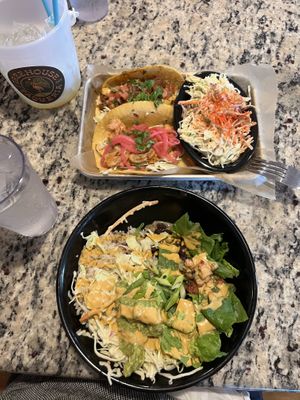 Jackfruit and impossible tacos, beach bowl without cheese and crema   at Treehouse Taqueria in Ogunquit