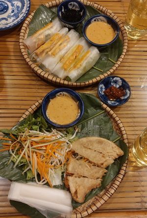 Summer rolls and vegan rice pancake at Madam Thu in Hue