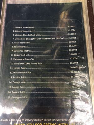 Menu (Aug 2019) at Madam Thu in Hue
