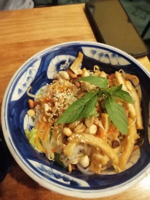 Rice noodles, tofu, vegetables, served with soy sauce and peanut sauce at Madam Thu in Hue