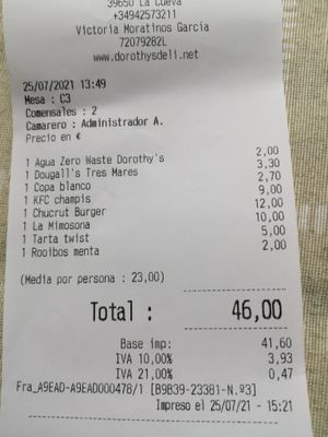 Bill not too expensive at Dorothy's Veggie Bistro in La Cueva