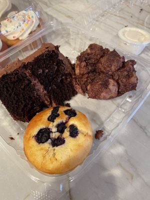 Chocolate cake, blueberry muffin, monkey bread (all vegan)  at No Cow Bakery in Castle Rock