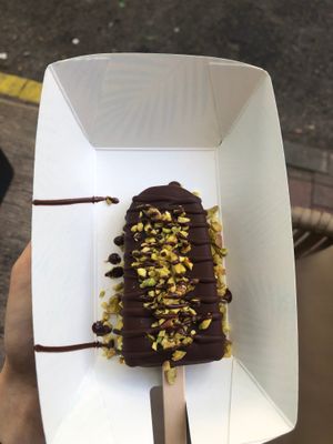 Mini chocolate - hazelnut Ice Pop dipped in dark chocolate and topped with pistachios (completely sugar free btw.) at Anjuna Ice Pops - Pozsonyi Ut in Budapest