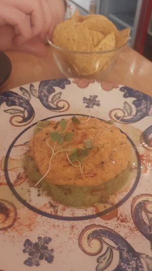 Lentil 'hummus' with guacamole and chips on the side at Lolín Cafe in Badalona