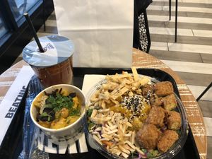 Crispy chicky salad with mac and cheese.  at Beatnic - Fashion District in New York City