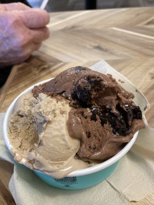 Half salted caramel and half mud pie  at Parlour Ice Cream in Kelowna