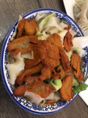 E9 vegan bbq sliced ribs with noodles 
  at Jisu Vegetarian in New York City