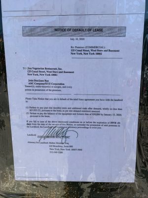 Notice of Default of Lease at Jisu Vegetarian in New York City