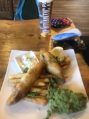 Vegan "fish" and chips (banana blossom)  at The Mermaid Inn in Isles Of Scilly