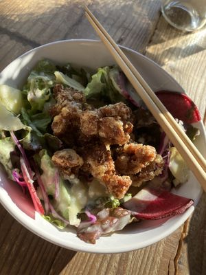 Salad with brown rice & soy meat  at Shinjuku Dialogue in Tokyo