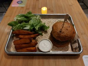 Tundra Burger, Sweet Potato Fries With Mixed Greens at TREEHOUSE - H Code in Hong Kong Island