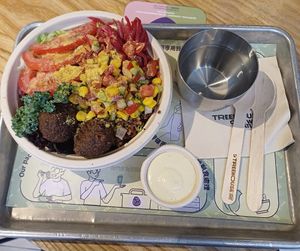 Salad bowl (half & half, falafel,  roasted corn salsa, pickled red onion, tomato slices, cheezy blend, creamy cashew sauce) at TREEHOUSE - H Code in Hong Kong Island