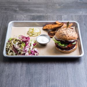 Beets & Mushroom Patty with Sweet Potato Fries, Salad, Pickles and Garlic Mayo at TREEHOUSE - H Code in Hong Kong Island