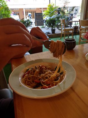 Veggie pasta at CV Cafe in Kampot