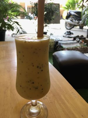 Dreaming cooler smoothie (banana, mango, passion fruit and soy milk)  at CV Cafe in Kampot