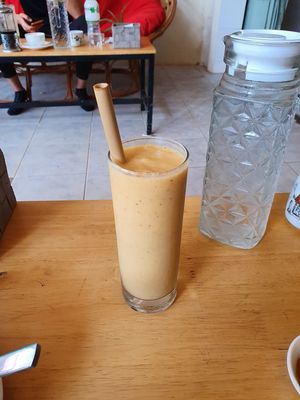 Banana, mango and peanut butter shake at CV Cafe in Kampot