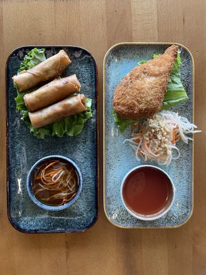 (Left) impossible crispy rolls starter, (right) jumbo drumstick starter   at Loving Hut - North Park in San Diego