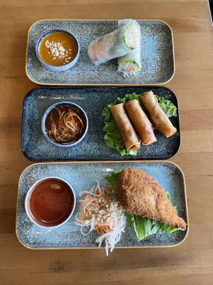 (top) fresh summer rolls, (middle) impossible crispy rolls, (bottom) jumbo drumstick  at Loving Hut - North Park in San Diego