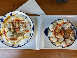 steamed manti (left) and fried manti (right) at Cihangir Manticisi in Istanbul