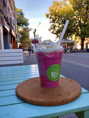 Smoothie with dragoon fruits,strawberries and almond milk.  at Green Corner in Plovdiv