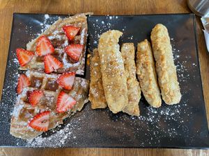 Waffles and "chicken" tenders at Peacefood Cafe - Uptown in New York City