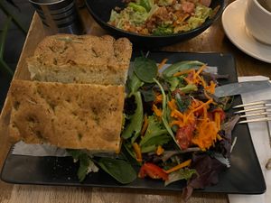 The ultimate burger with salad  at Peacefood Cafe - Uptown in New York City