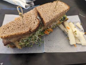 Miso tahini sprout sandwich + extra tempeh - delicious at Peacefood Cafe - Uptown in New York City