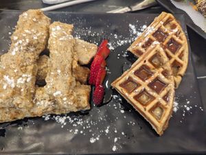 Waffle + tenders - nice, but quite heavy at Peacefood Cafe - Uptown in New York City