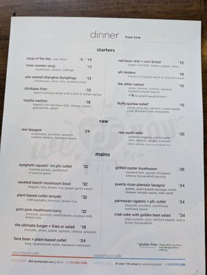 Dinner menu at Peacefood Cafe - Uptown in New York City