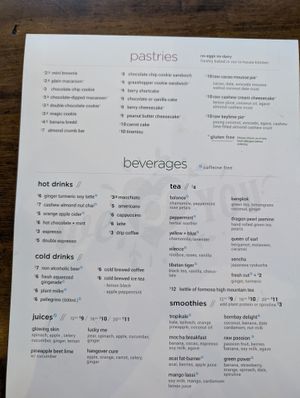 Pastries and beverage menu at Peacefood Cafe - Uptown in New York City