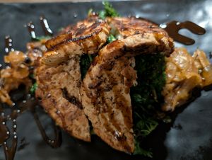 Fava bean + plant-based cutlet  at Peacefood Cafe - Uptown in New York City