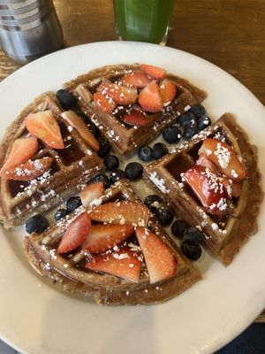 Wafles with fruits served with the brunch menu  #Veganuary at Peacefood Cafe - Uptown in New York City