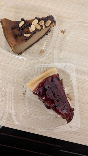 Pb choc cheesecake and berry cheesecake at Peacefood Cafe - Uptown in New York City