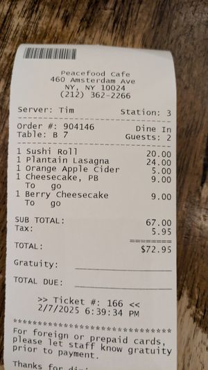 Bill total at Peacefood Cafe - Uptown in New York City