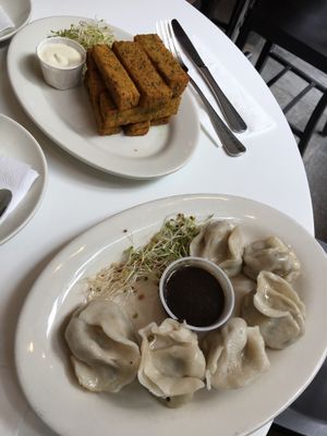 Dumplings and chickpea fries at Peacefood Cafe - Uptown in New York City