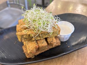 Chickpea fritters  at Peacefood Cafe - Uptown in New York City