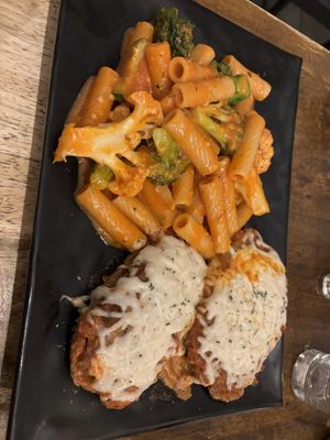 Parmesan rigatoni + pfc cutlet - delicious!   at Peacefood Cafe - Uptown in New York City