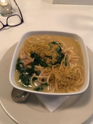 Vegan linguine in clam sauce with kale at Peacefood Cafe - Uptown in New York City