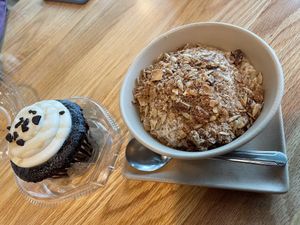 Delicious chai chia pudding and salted caramel vegan cupcake  at Tomato Pie Cafe in Harrisburg