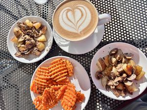 Vegan sides and a latte  at Tomato Pie Cafe in Harrisburg