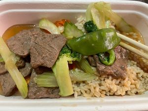 Mushroom sauce with ‘beef’ and brown rice   at Vina Vegan in Newtown