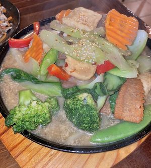 Sizzling combination veggies and vegan meats  at Vina Vegan in Newtown
